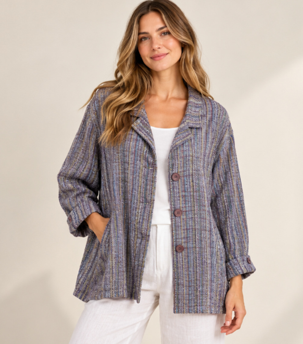 FLAX 100% Linen Shirt Jacket Multicolor Woven Button Front Size L Boho Lagenlook